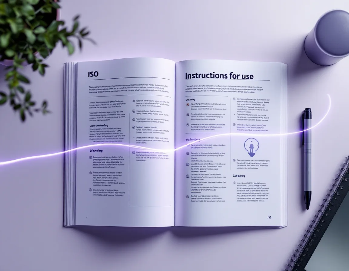 An instructions-for-use booklet with pages blurred mid-turn and a violet light trail across it