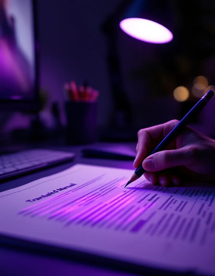 A reviewer's hand marking a printed translated manual, its motion caught as a soft light trail