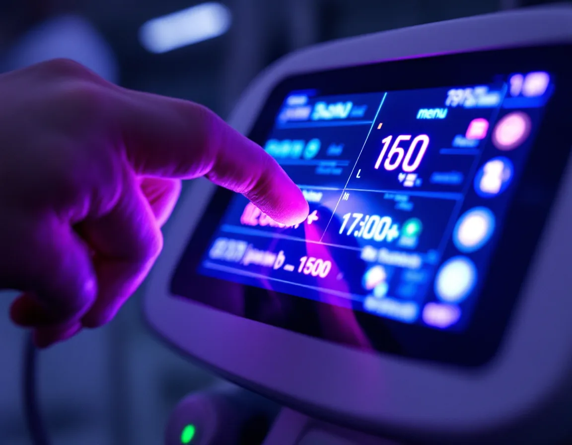 A medical device touchscreen with violet light trails left by a swiping finger